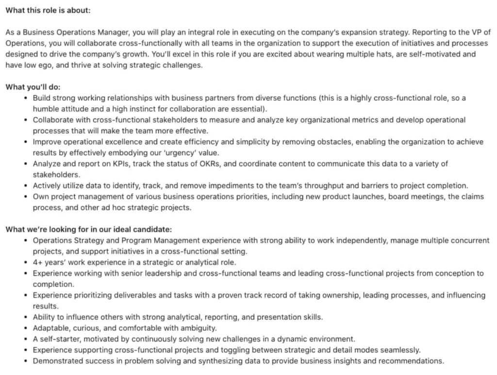 example of a job description for a Business Operations Manager role